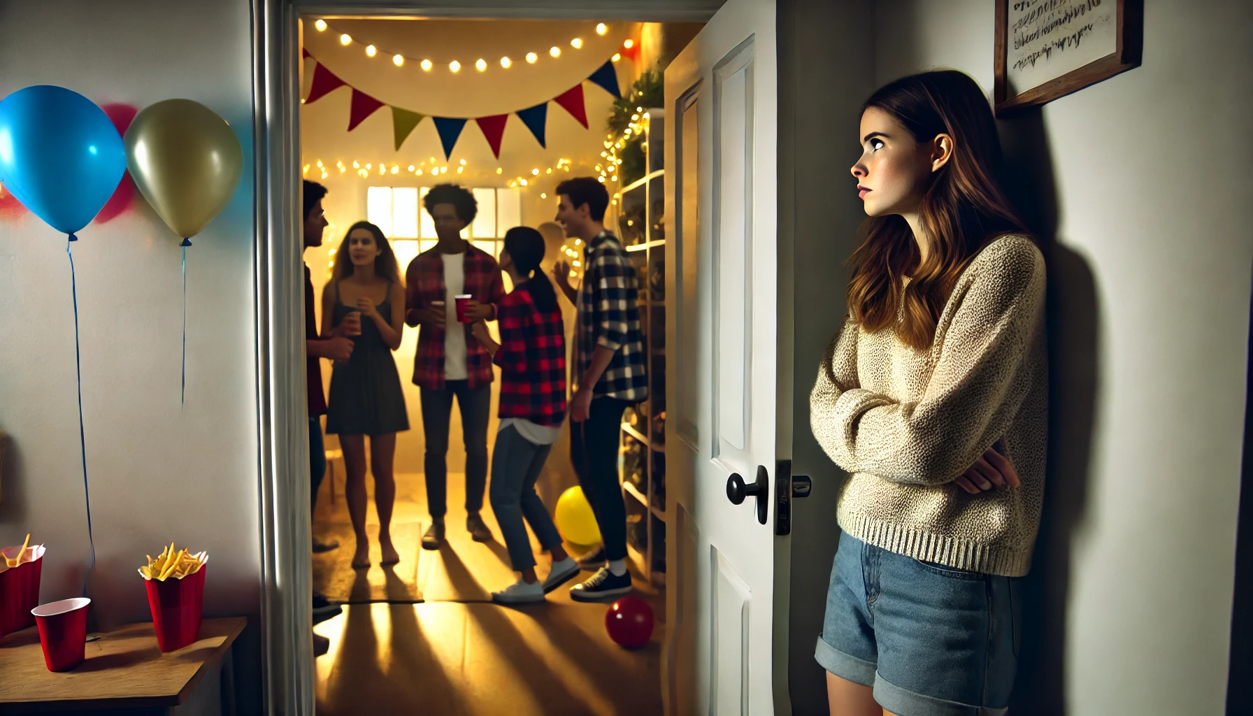 Person stands outside a doorway at a party demonstrating avoidance behavior.