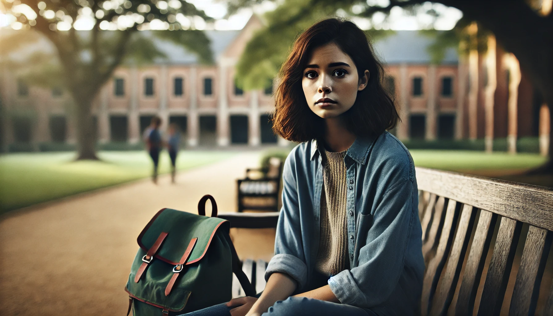 College age woman ruminating on a bench