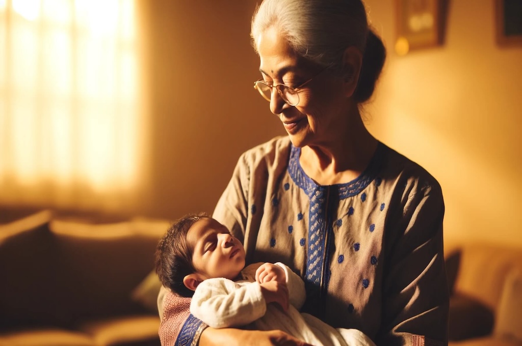 A grandmother looks at her new grandchild for the first time