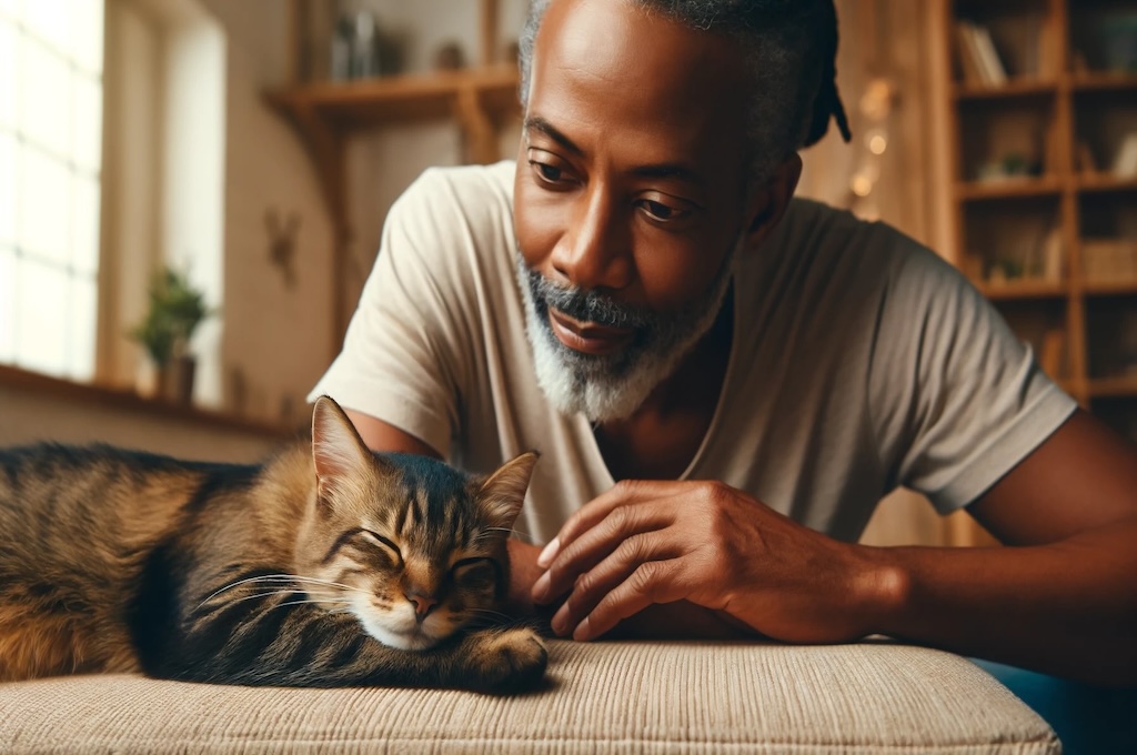 man looking mindfully at his cat