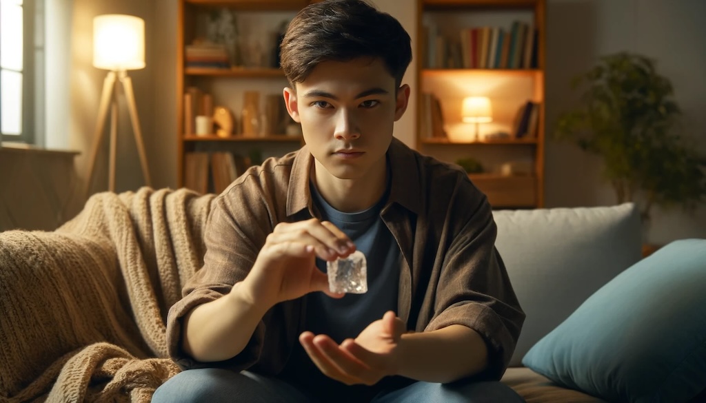 A male person holding ice cube