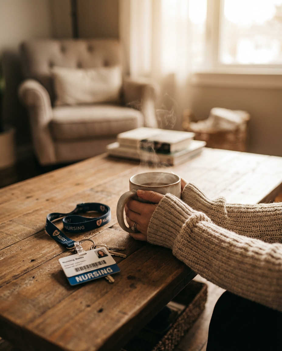 Hands holding a warm mug beside a nursing badge and keys