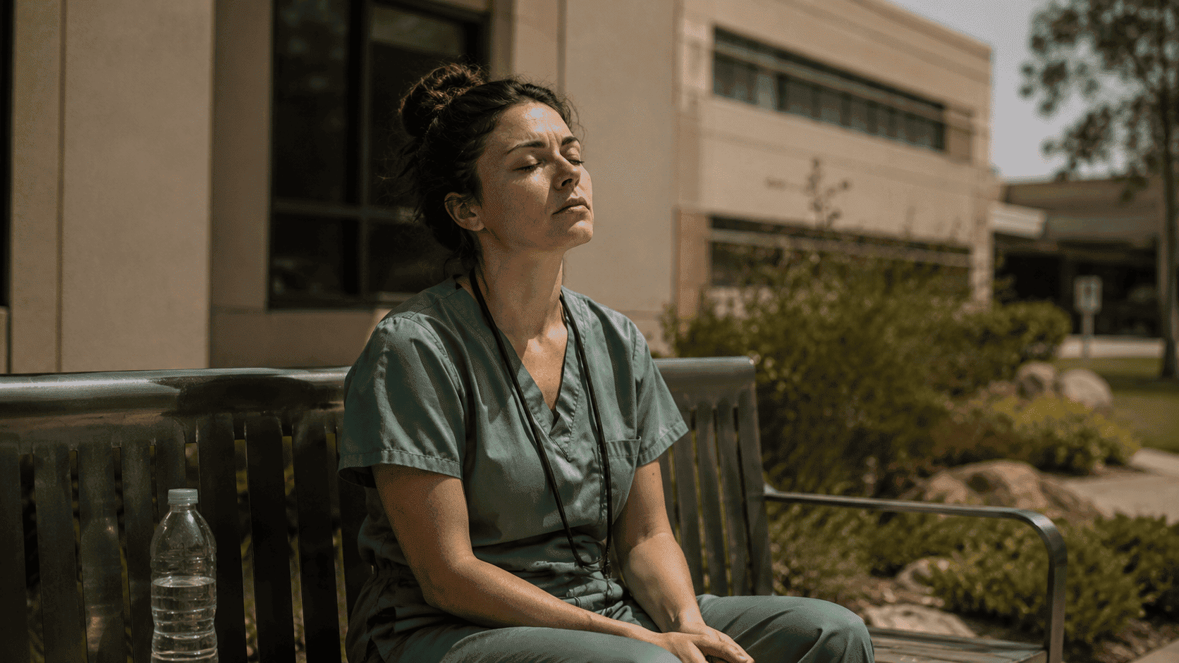A nurse in scrubs sits on a bench outside in natural daylight, eyes closed and face tilted upward, taking a quiet break as part of burnout recovery between critical care shifts.