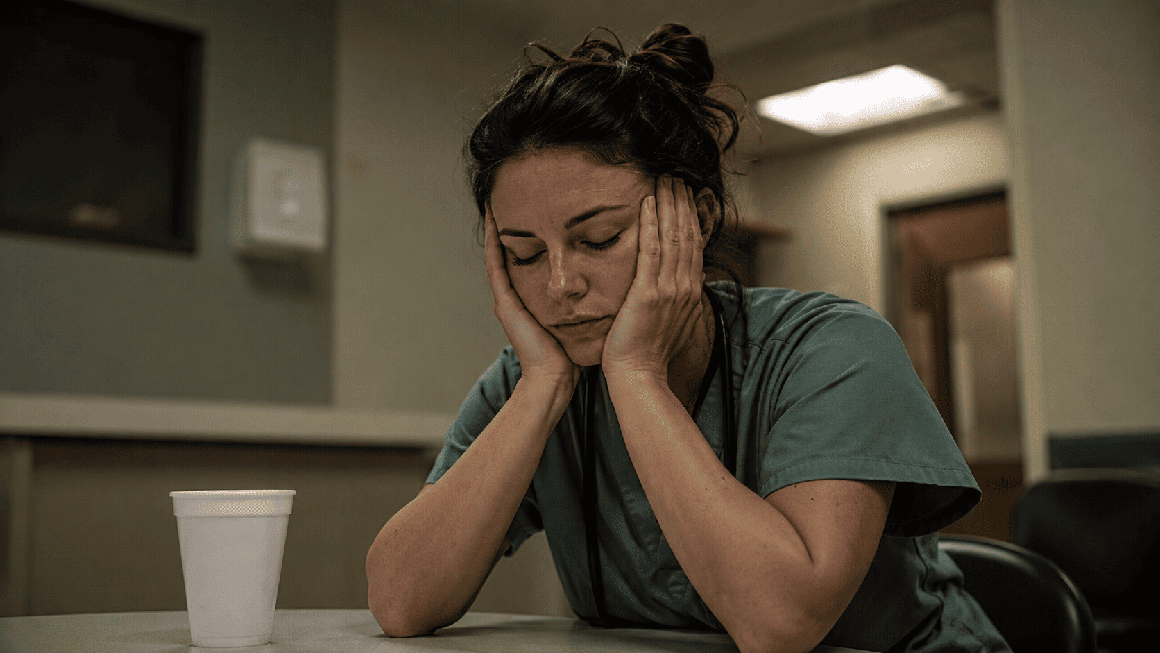 A nurse in scrubs sits alone at a break room table with her face resting in both hands, an untouched coffee cup beside her, exhausted after an ICU or NICU shift.
