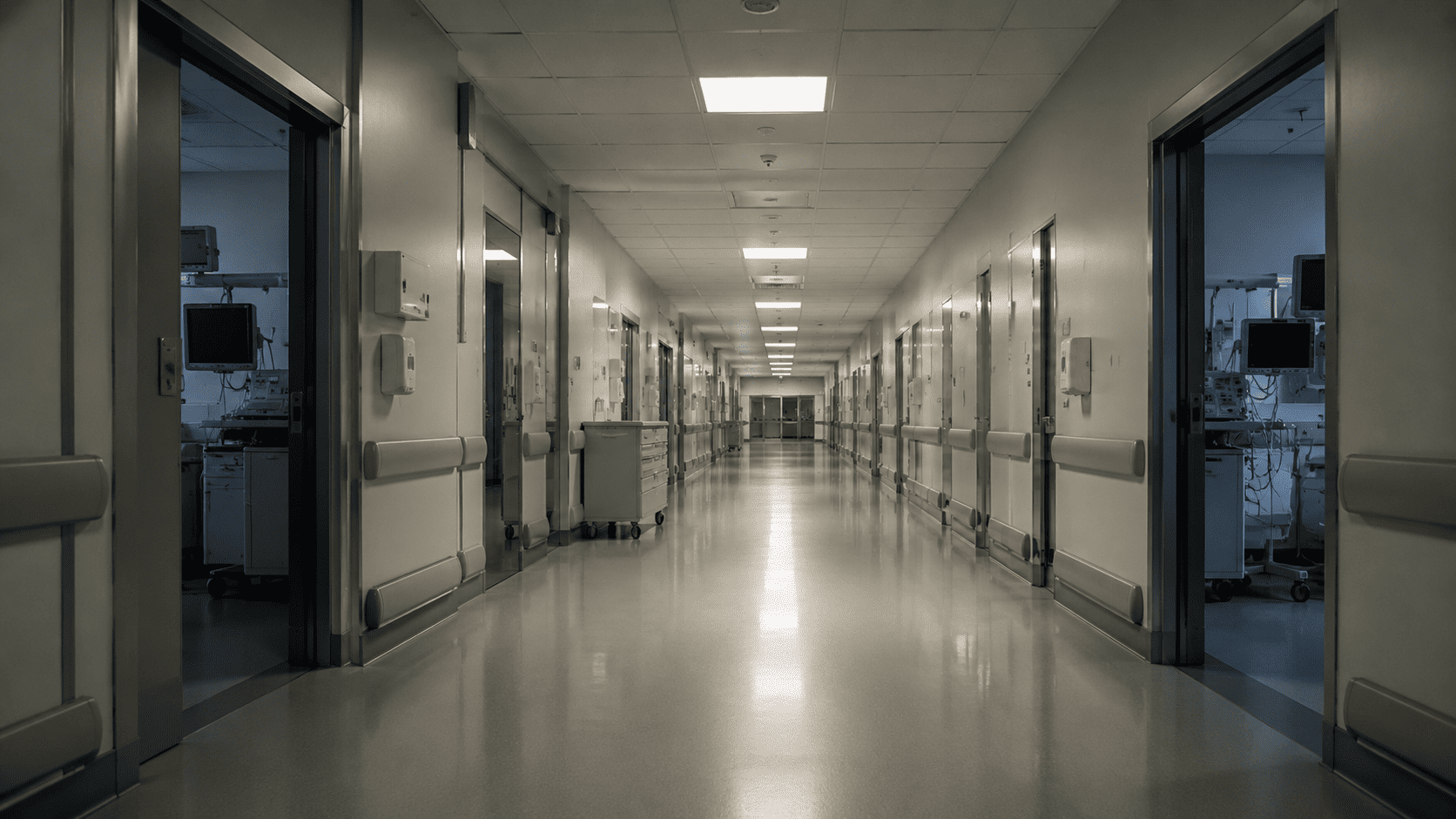 An empty ICU hospital corridor stretches away under fluorescent lights — clinical, still, and institutional, conveying the demanding environment of critical care nursing.