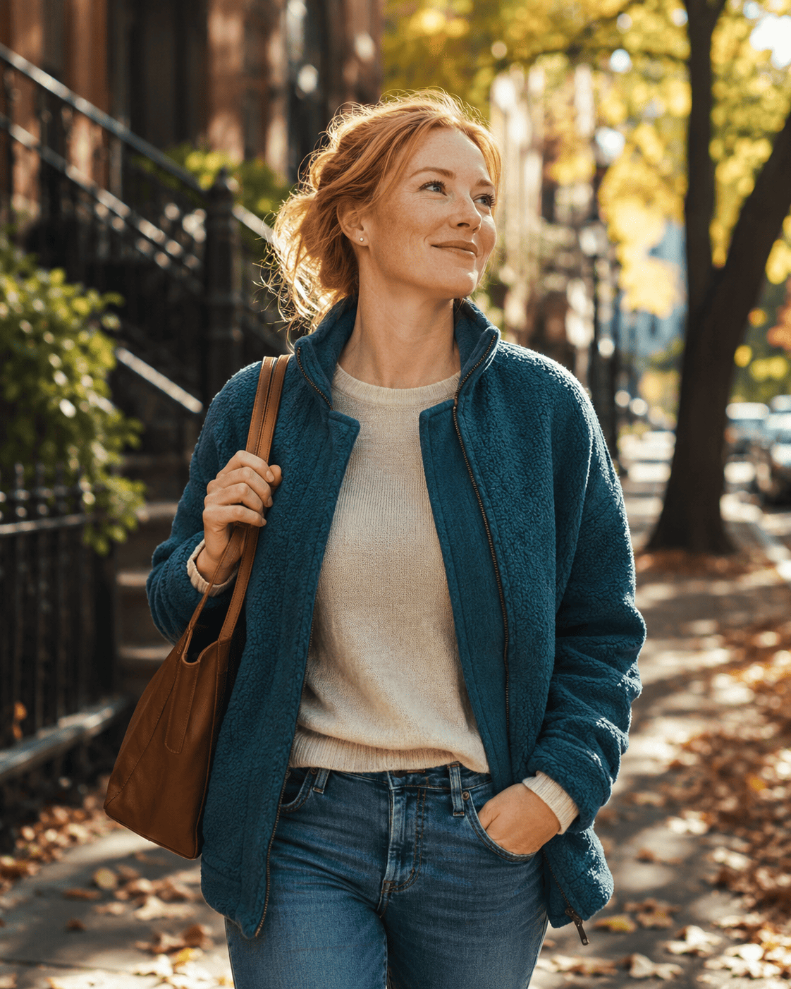 A nurse in casual clothes walking on a quiet city street, calm and self-possessed on her own time.