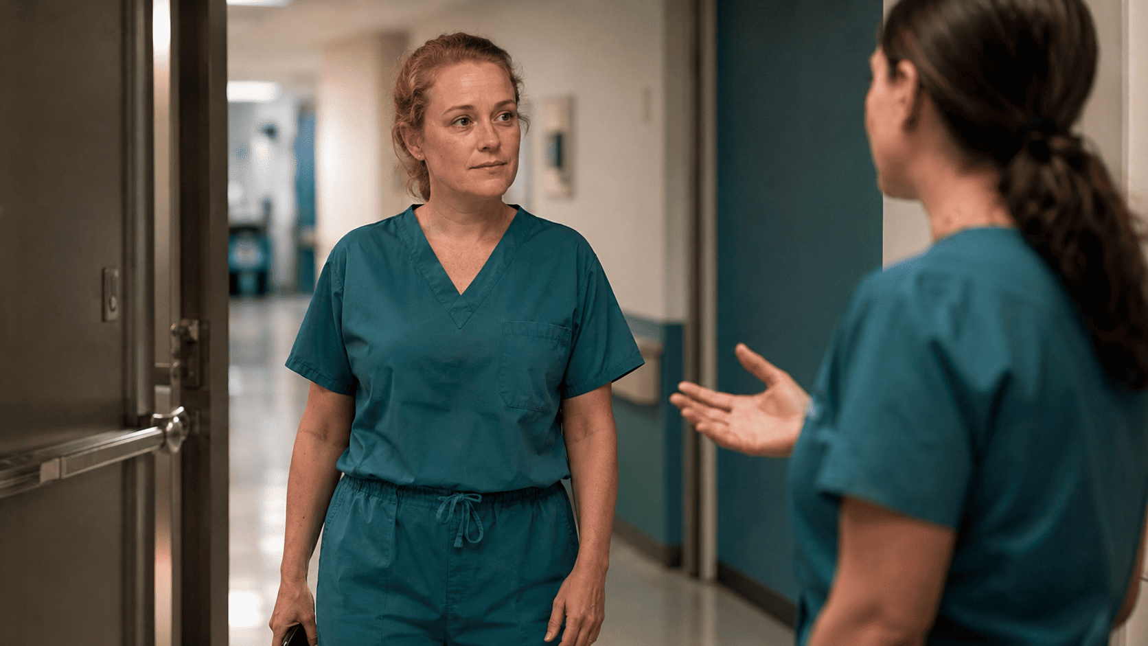 A nurse in scrubs standing calmly at the end of her shift, holding a quiet limit as a colleague asks her to stay.