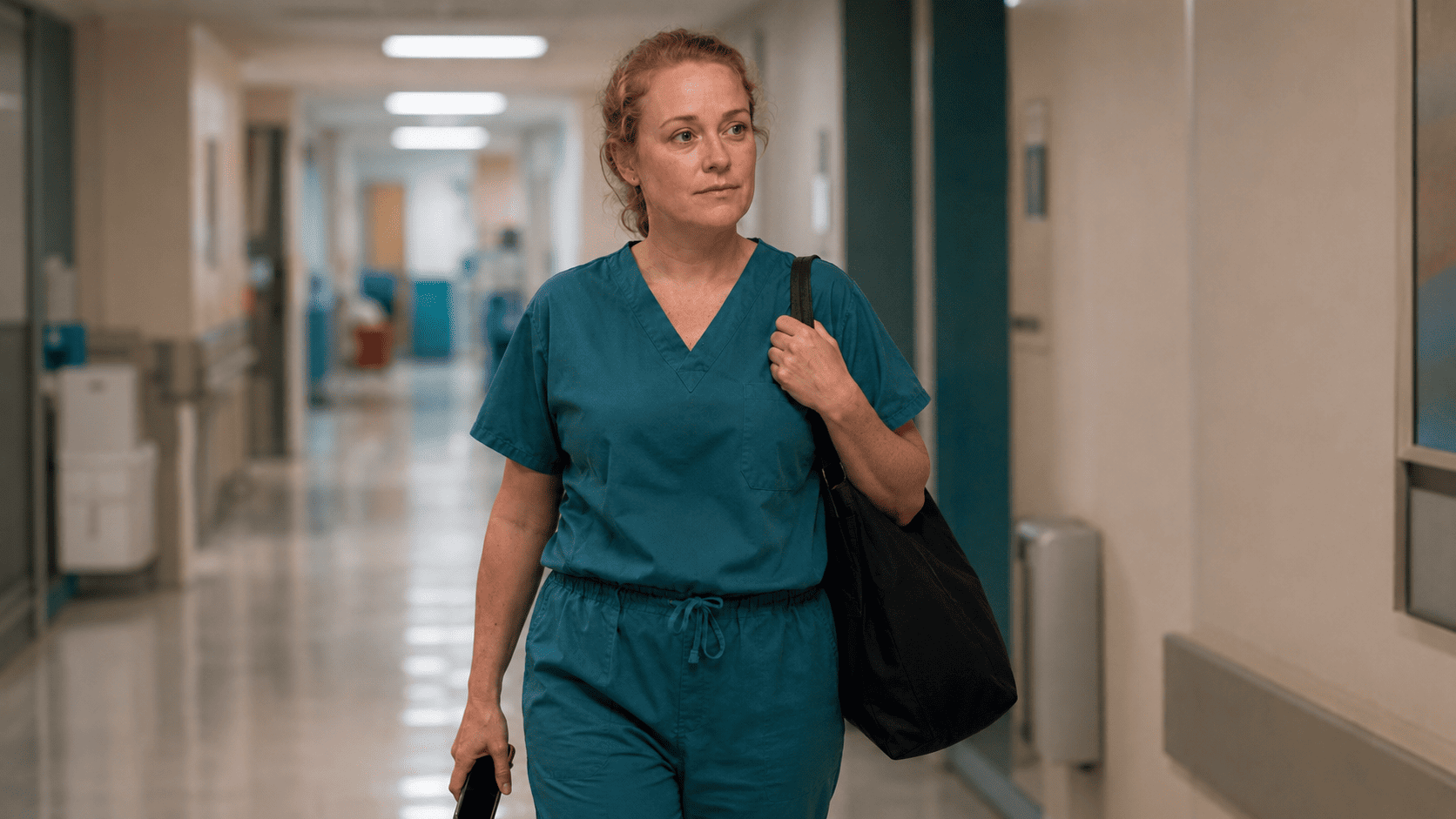 A nurse in scrubs leaving a hospital corridor calmly and self-possessed, not dramatically.