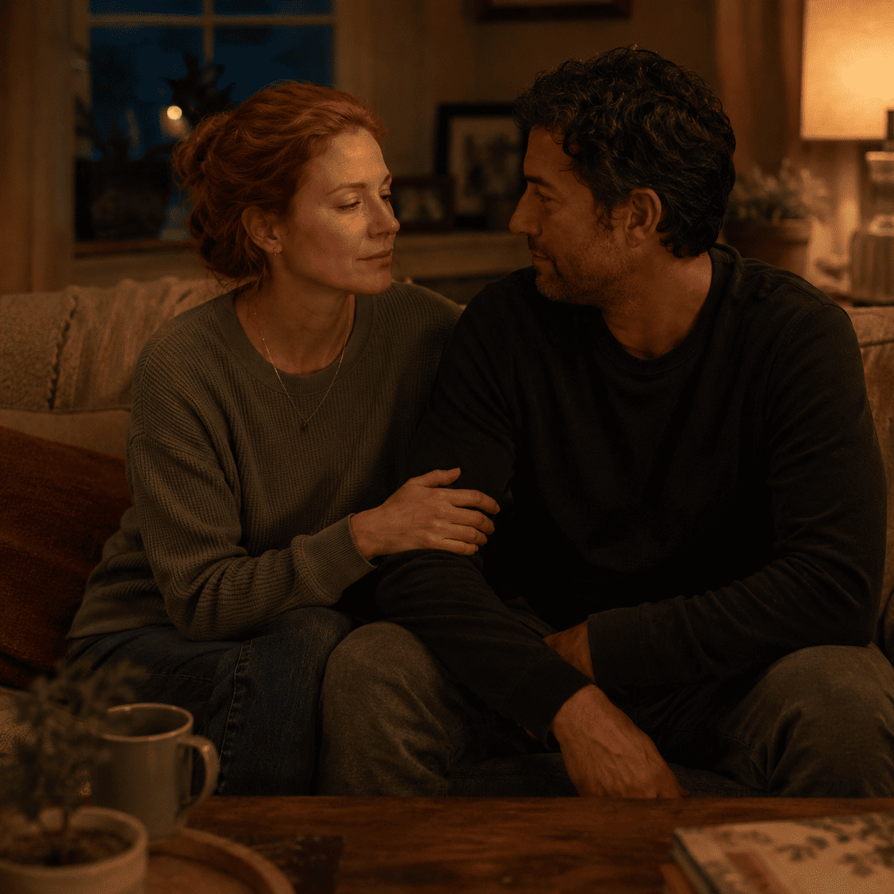 A nurse and a family member sit together in warm lamplight at home in easy, relaxed proximity — representing genuine reconnection after post-shift irritability and the micro-repair process.
