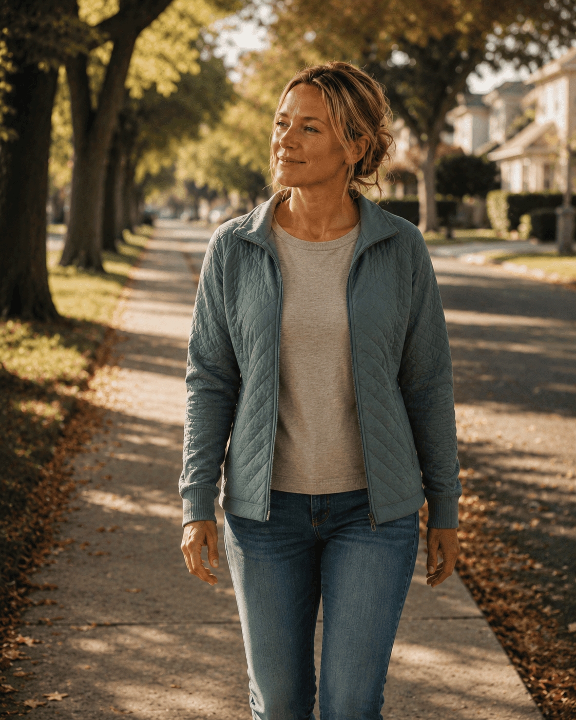 A nurse in casual clothes on a short walk outside on a tree-lined path — unhurried, solitary, genuinely at ease.