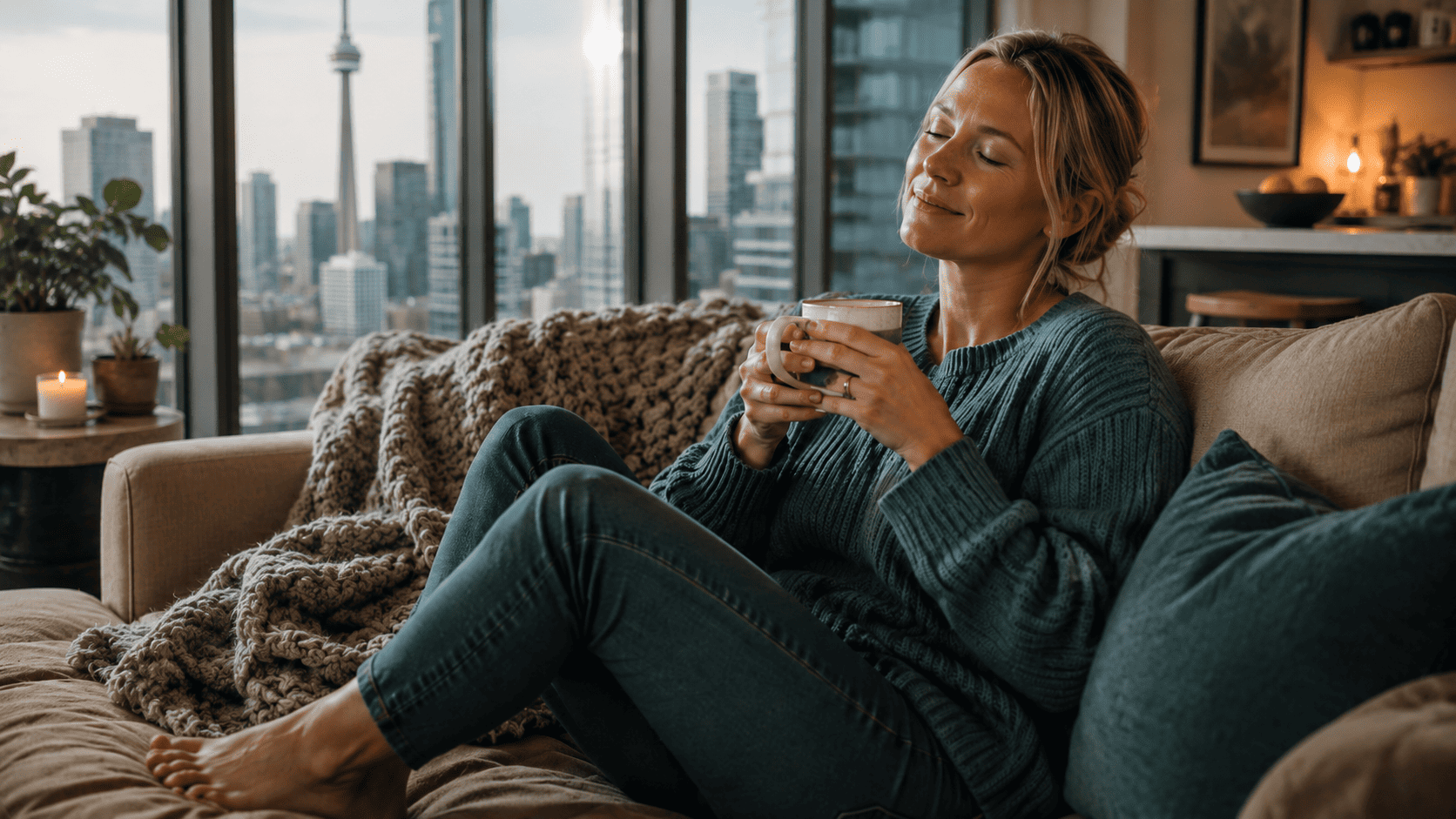 A nurse in casual clothes sitting at home with a warm drink, eyes closed, genuinely resting — not staged relaxation.