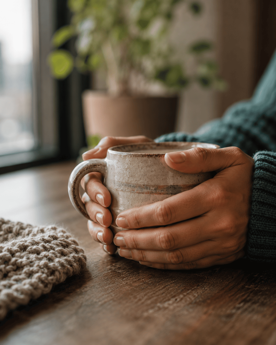 Close-up of hands wrapped around a warm ceramic mug — a single quiet moment of sensory grounding.
