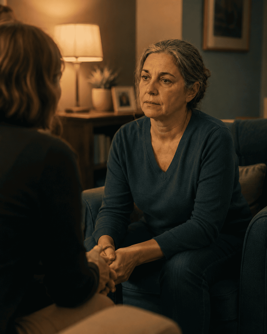 A nurse in casual clothes sitting in a warm interior space with another person partially visible across from them, posture open and slightly forward, the beginning of being heard