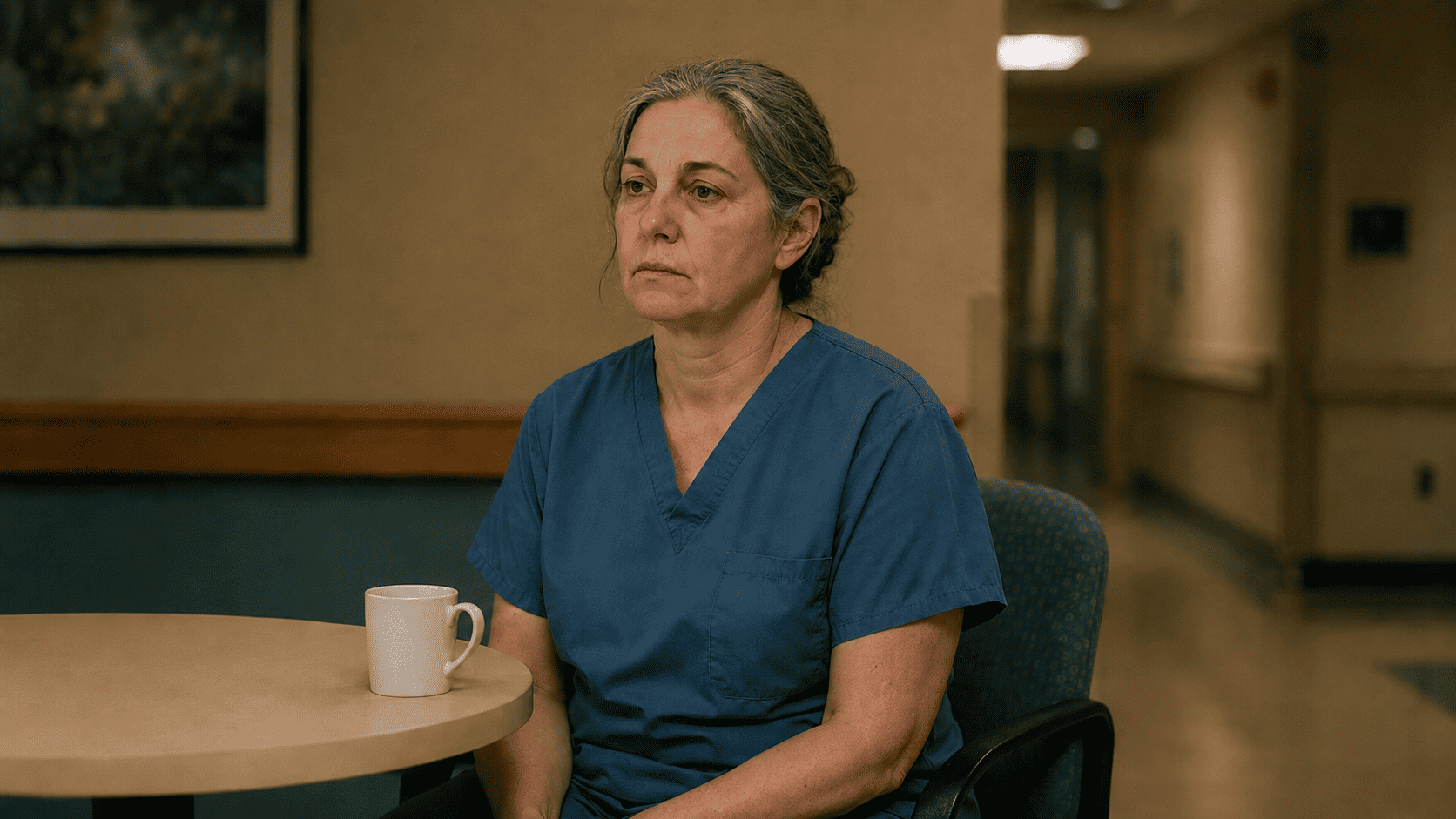 A nurse in scrubs seated alone in a break room or quiet corridor, staring ahead with an unfocused gaze, emotionally flat and still