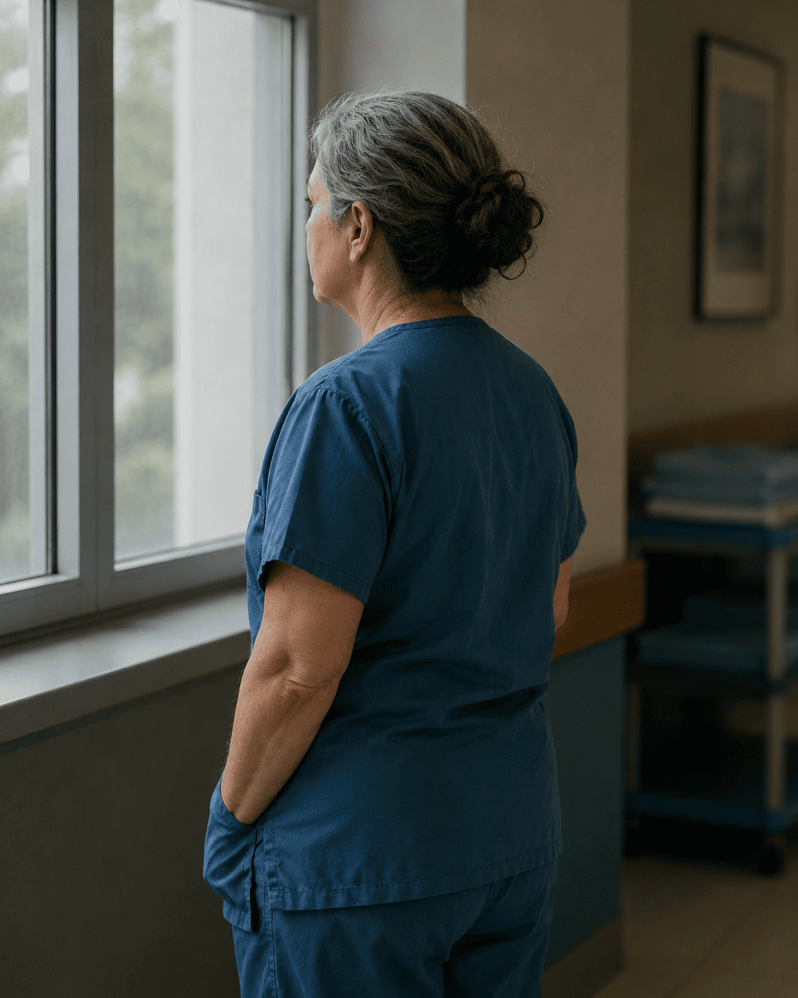 A nurse in scrubs standing at a window, back partially to the camera, looking out with a still and inward posture, quietly disconnected