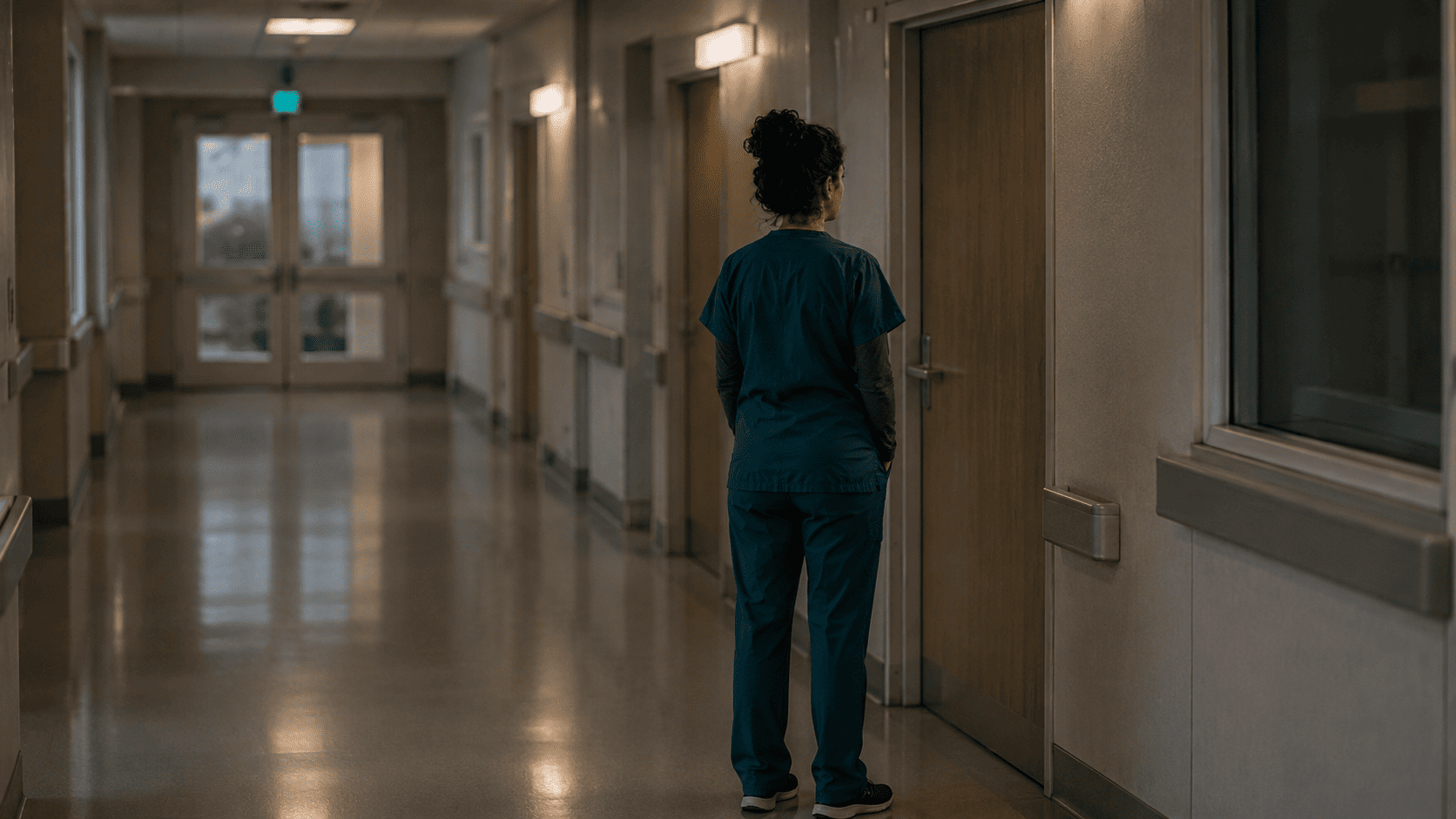 A nurse standing at the end of a hospital corridor, looking toward the unit