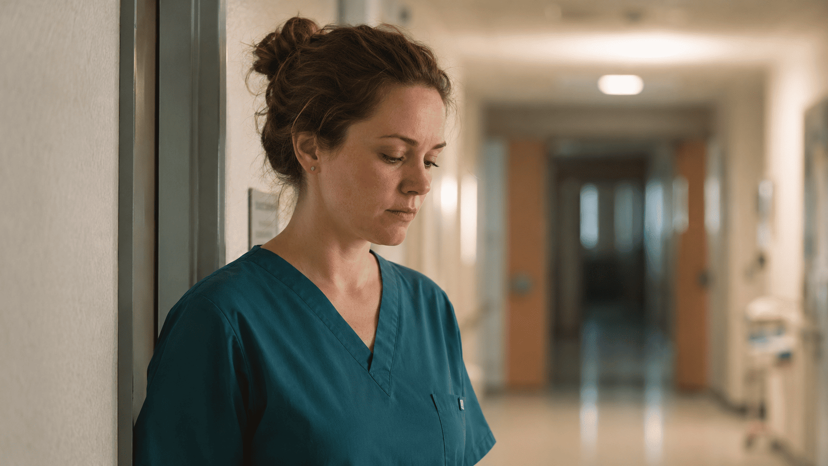 A nurse pausing quietly, expression carrying the weight of a difficult shift