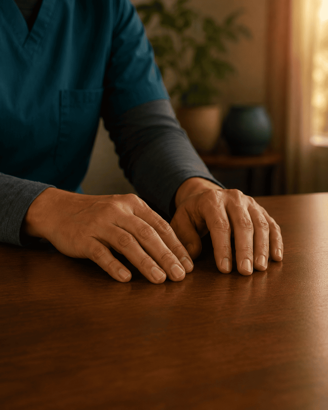 Warm natural light falling on a calm resting hand near a window with plants