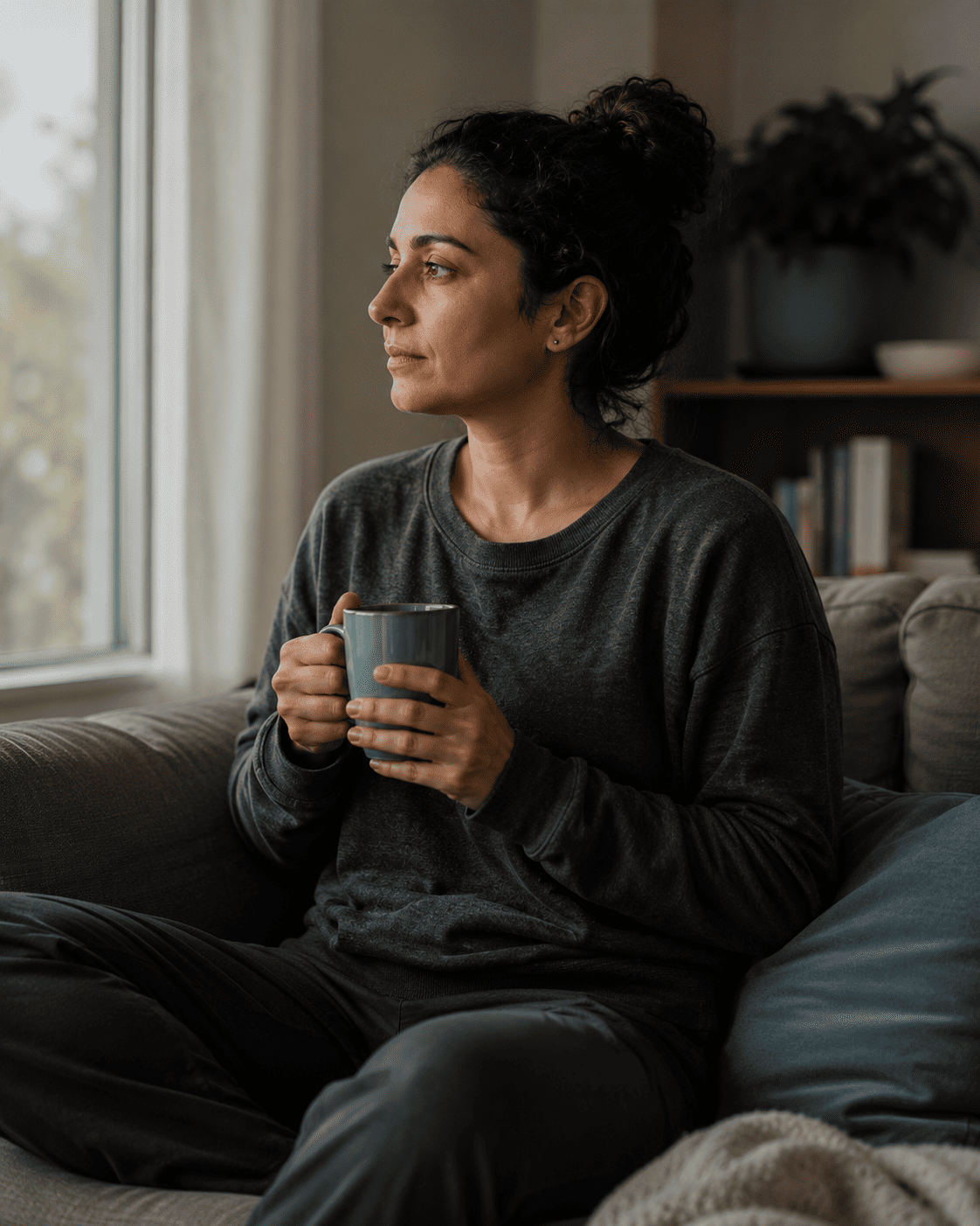 A nurse in casual clothes sitting quietly at home, holding a warm drink, resting between shifts.