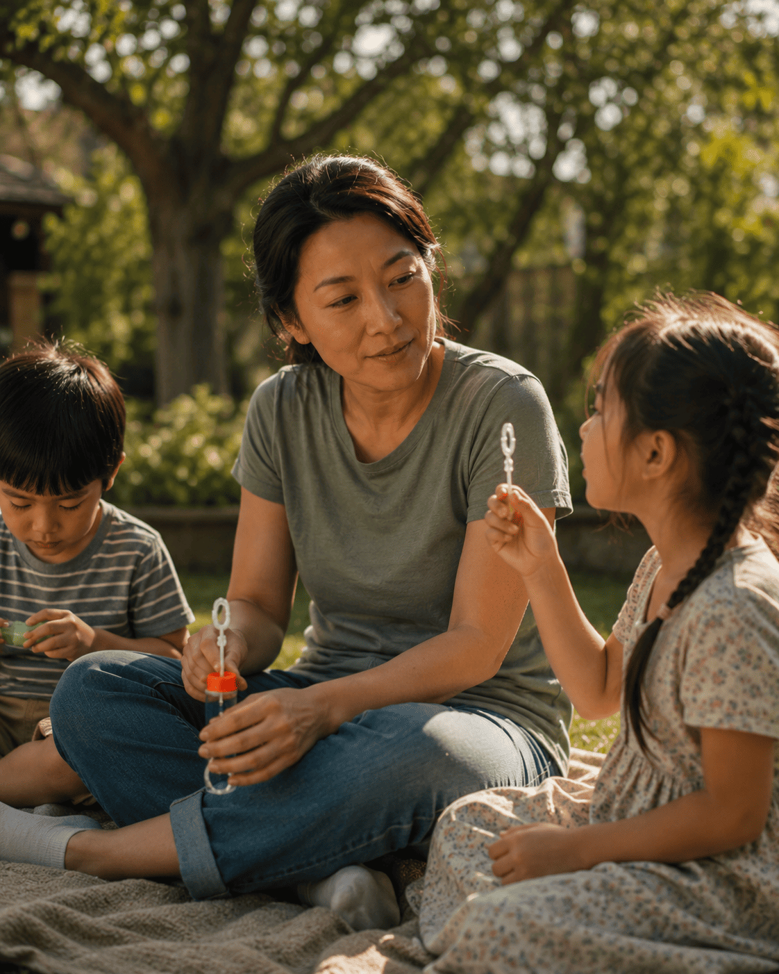 A parent sitting on a blanket in a sunny backyard with two children, sharing a quiet moment of connection.