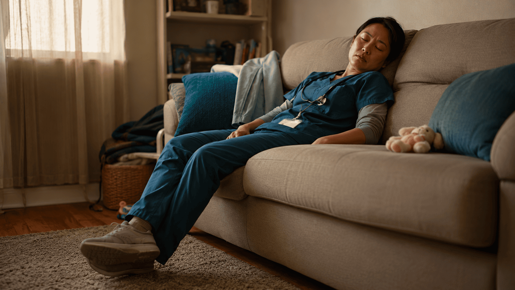 A nurse in scrubs, shoes still on, asleep on a home couch with a child's stuffed toy beside her — the exhaustion and domestic reality of shift-work parenting.