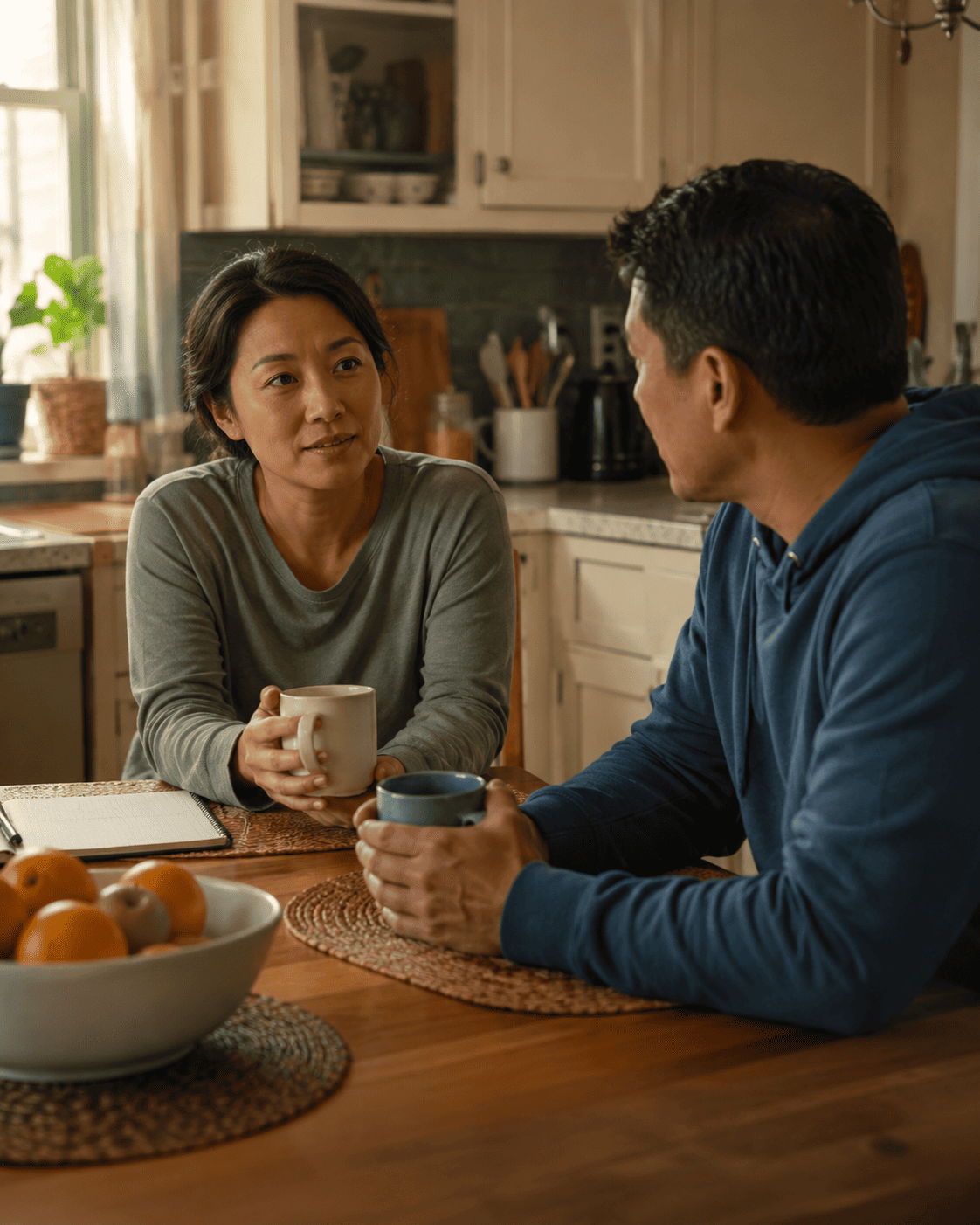 Two adults having a calm conversation at a kitchen table with coffee mugs and an open notebook — a nurse and partner planning on a good day.