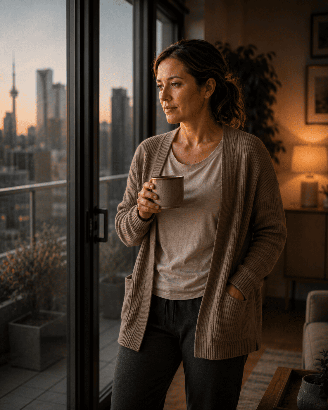 A nurse in casual clothes in a warm interior space, relaxed and settled. The mood is someone who has made a decision and feels steadier for it.