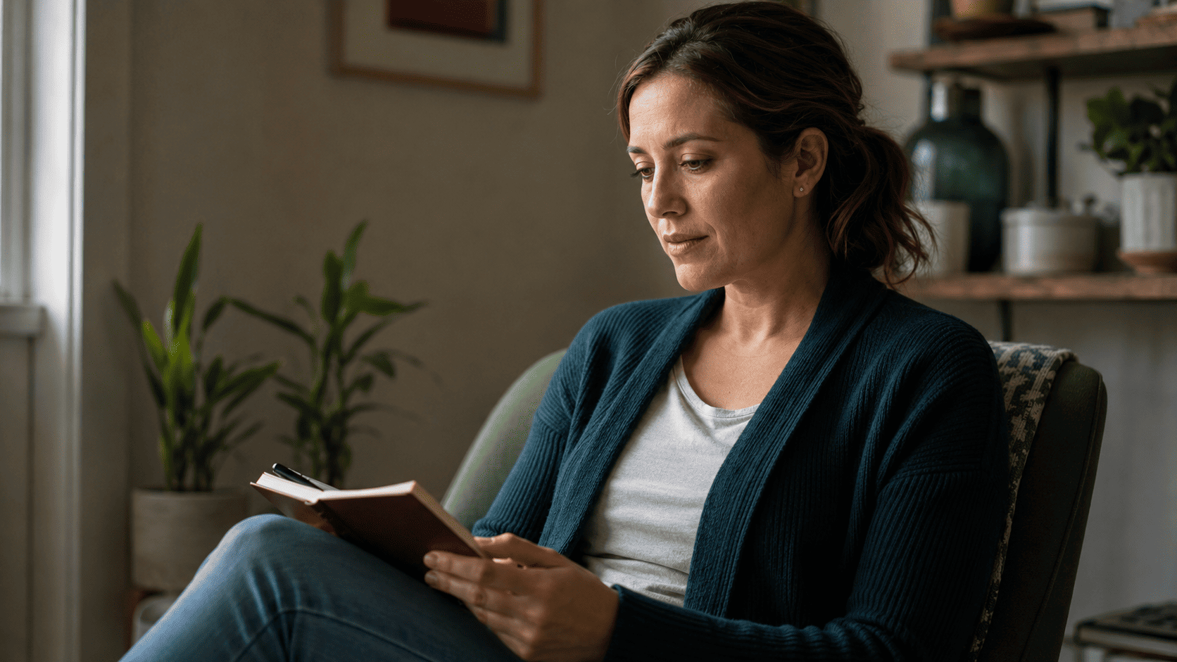 A nurse in casual clothes sitting quietly with a thoughtful expression, looking at her phone or notebook. Calm and self-aware, taking stock of what she needs.