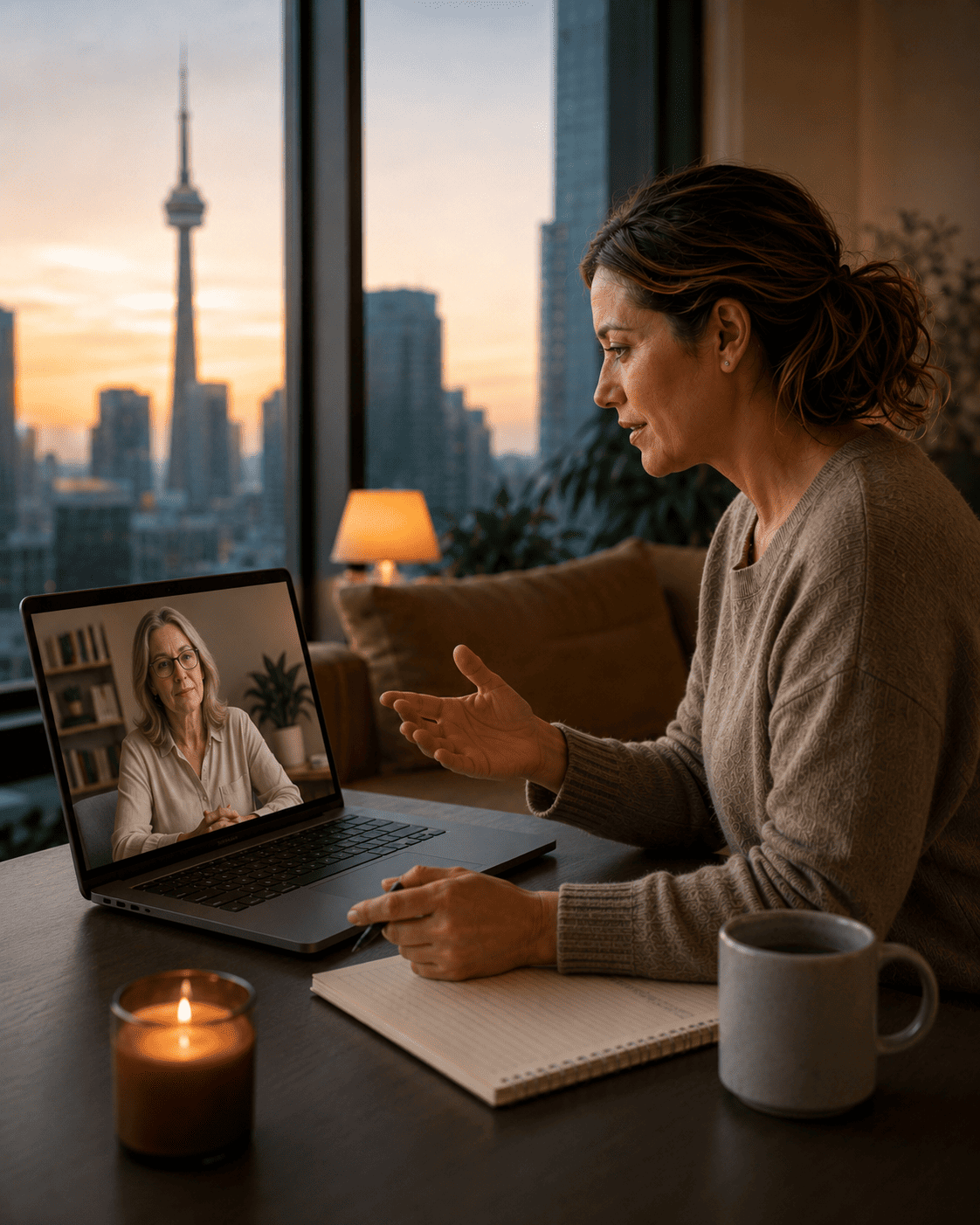 A nurse in casual clothes sitting across from a therapist in a warm, private interior. Her posture is open. The mood is the early stages of being heard.