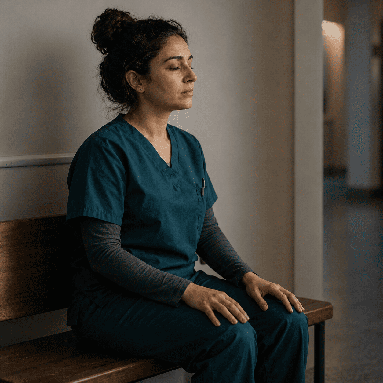 A nurse stands with eyes briefly closed, taking a slow deliberate breath to manage pre-shift anxiety before an ICU or NICU shift — a practical grounding technique, not meditation.