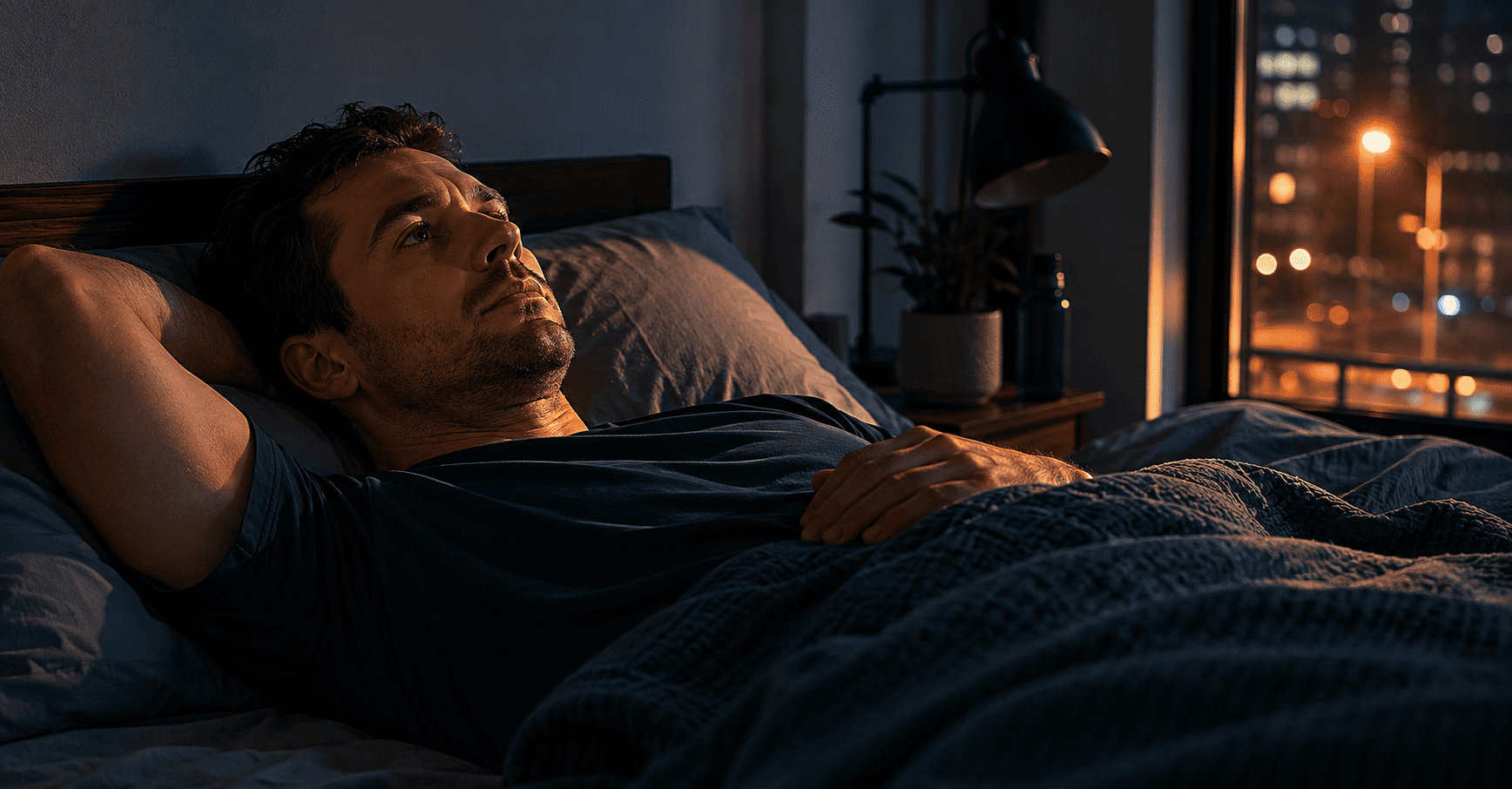 A nurse lying awake in bed at night, eyes open, staring at the ceiling, unable to sleep after a hard shift