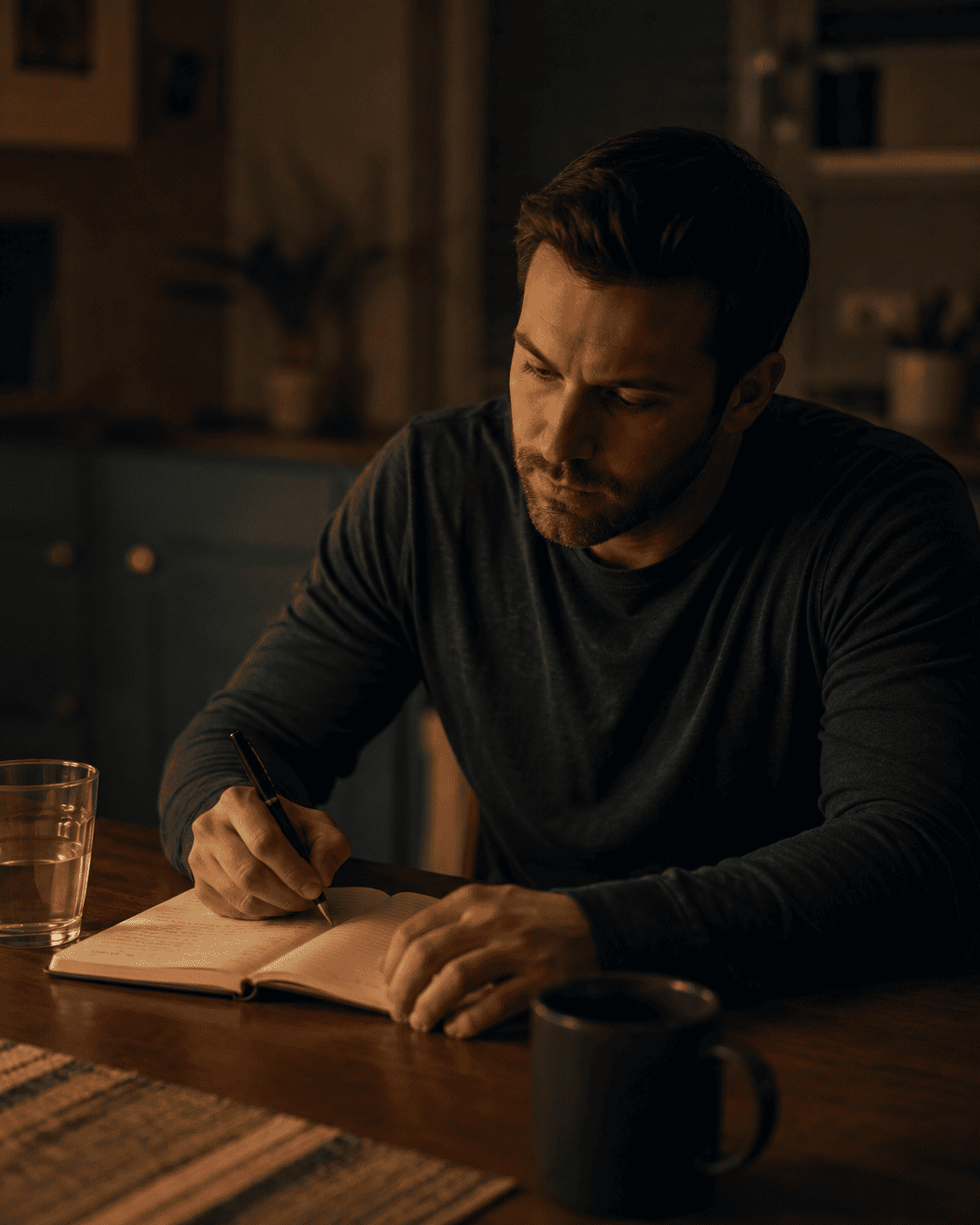 A nurse sitting at a table at night, writing in a notebook with a pen, a coffee mug nearby, focused and deliberate