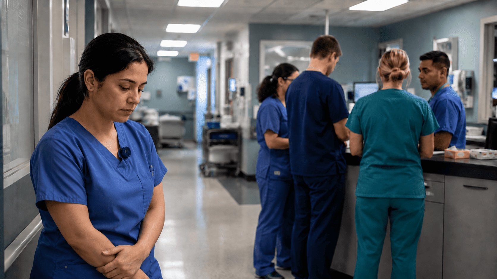 A nurse stands slightly apart from her colleagues at a hospital nursing station with arms crossed and gaze away — depicting the subtle social exclusion and isolation caused by toxic unit culture in critical care nursing.