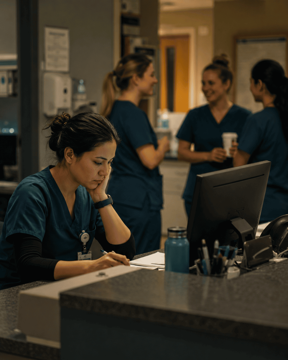 A nurse sits alone in a quiet hospital stairwell in a brief moment of private pause — representing the need to find moments of breathing room within a toxic or high-pressure critical care unit culture.